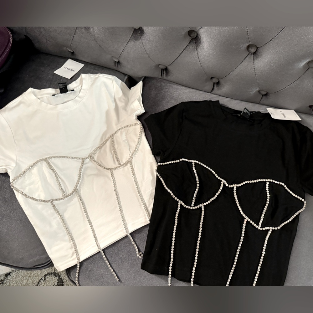 Black and white sold together or individual rhinestone detail t shirt